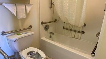 Un bagno con il water, una vasca e una doccia.