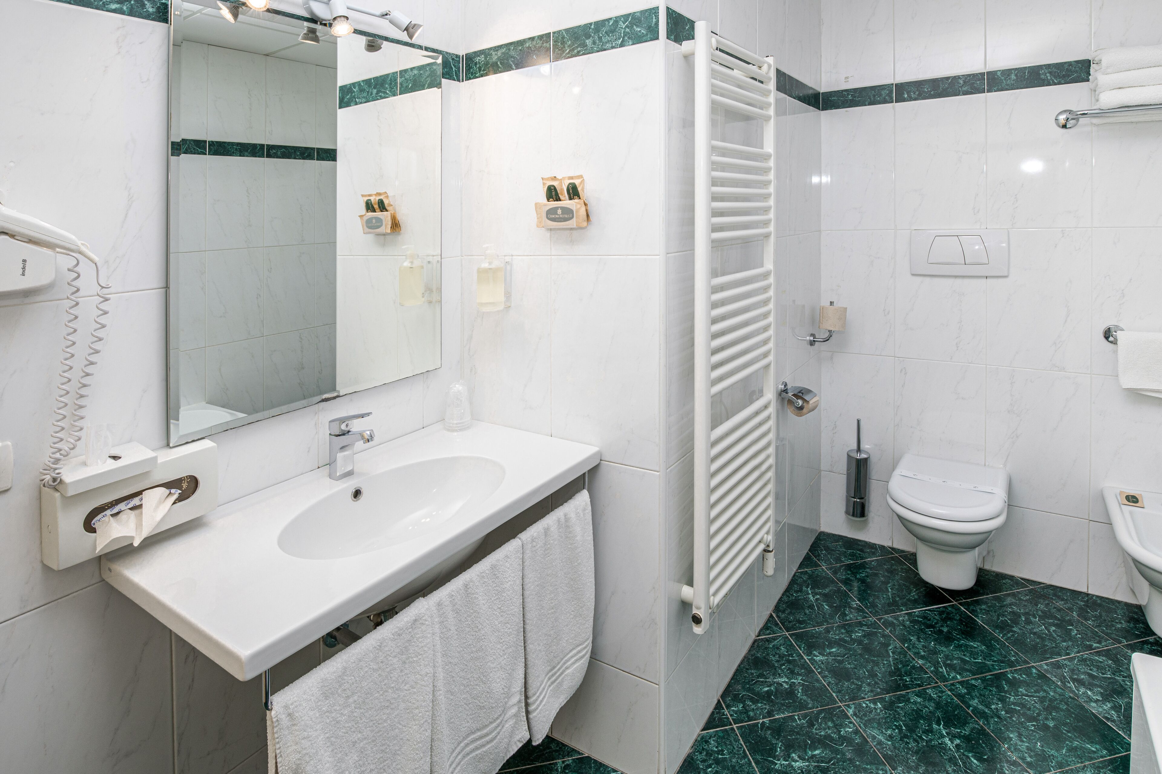 free toiletries, hair dryer, bidet, towels