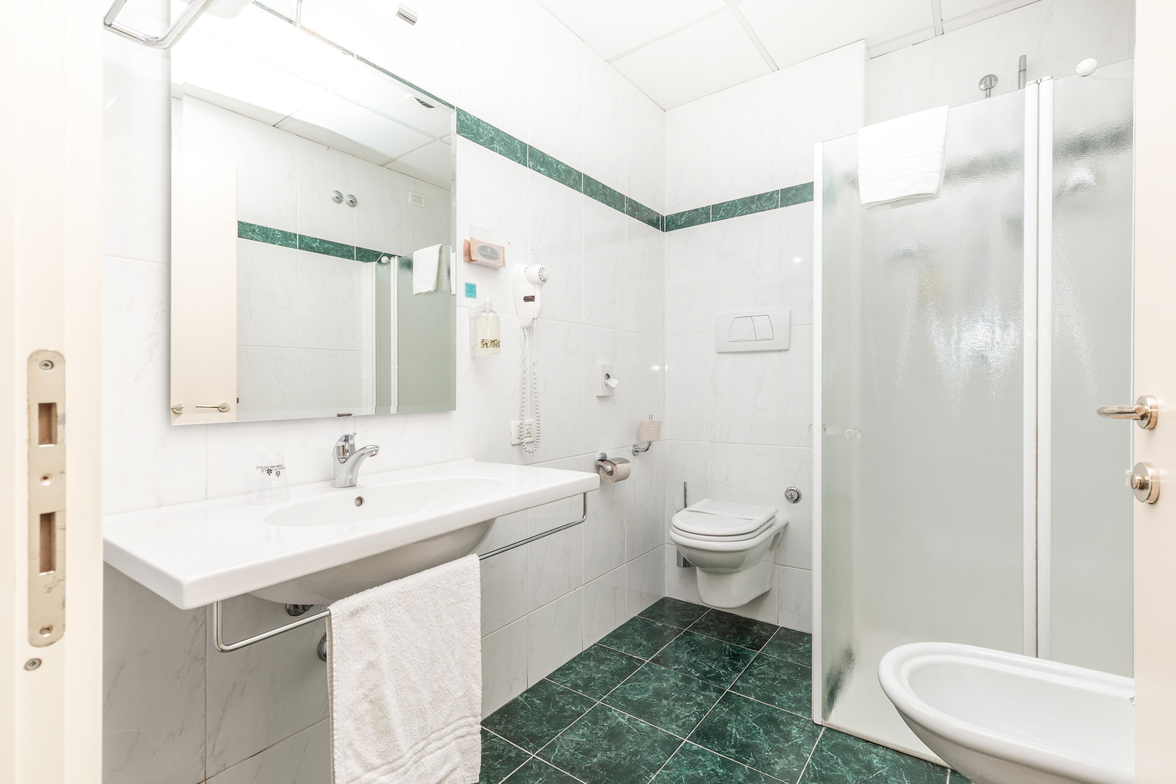 free toiletries, hair dryer, bidet, towels