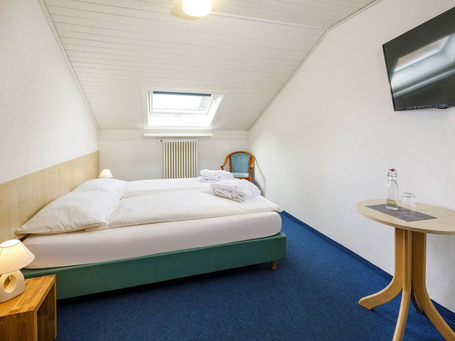 A hotel room with a bed, a small table, a chair, a TV, and a skylight.