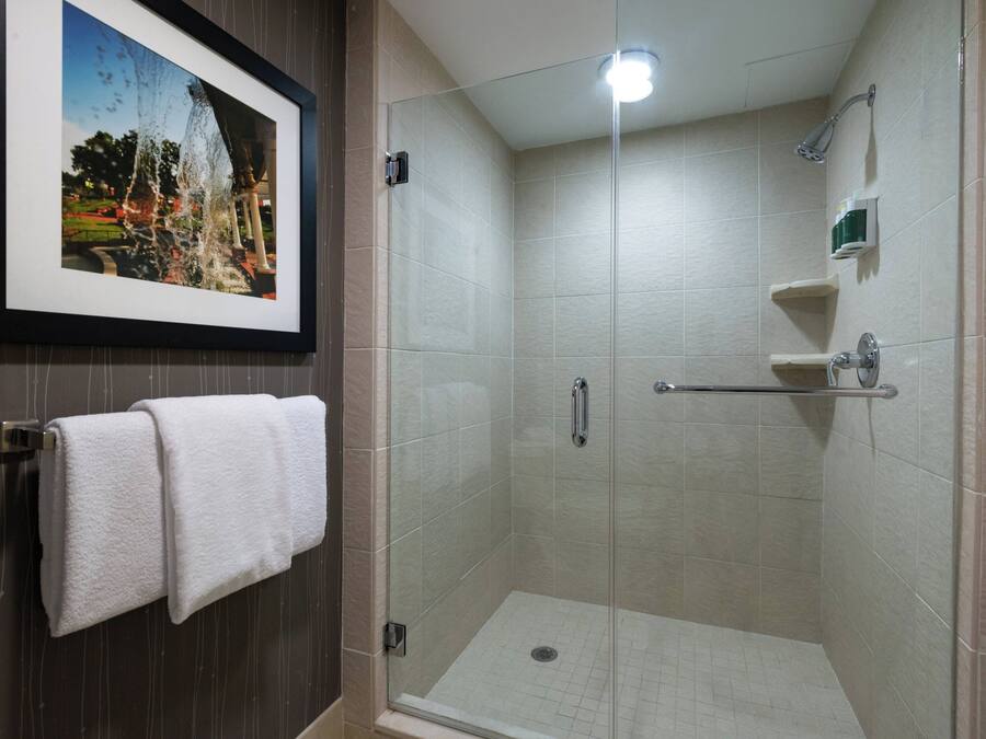 A glass-enclosed shower with a handrail, a framed picture on the wall, and a towel rack with two towels.