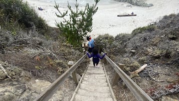 A wooden staircase leading down to a beach with rocky terrain and sparse vegetation.