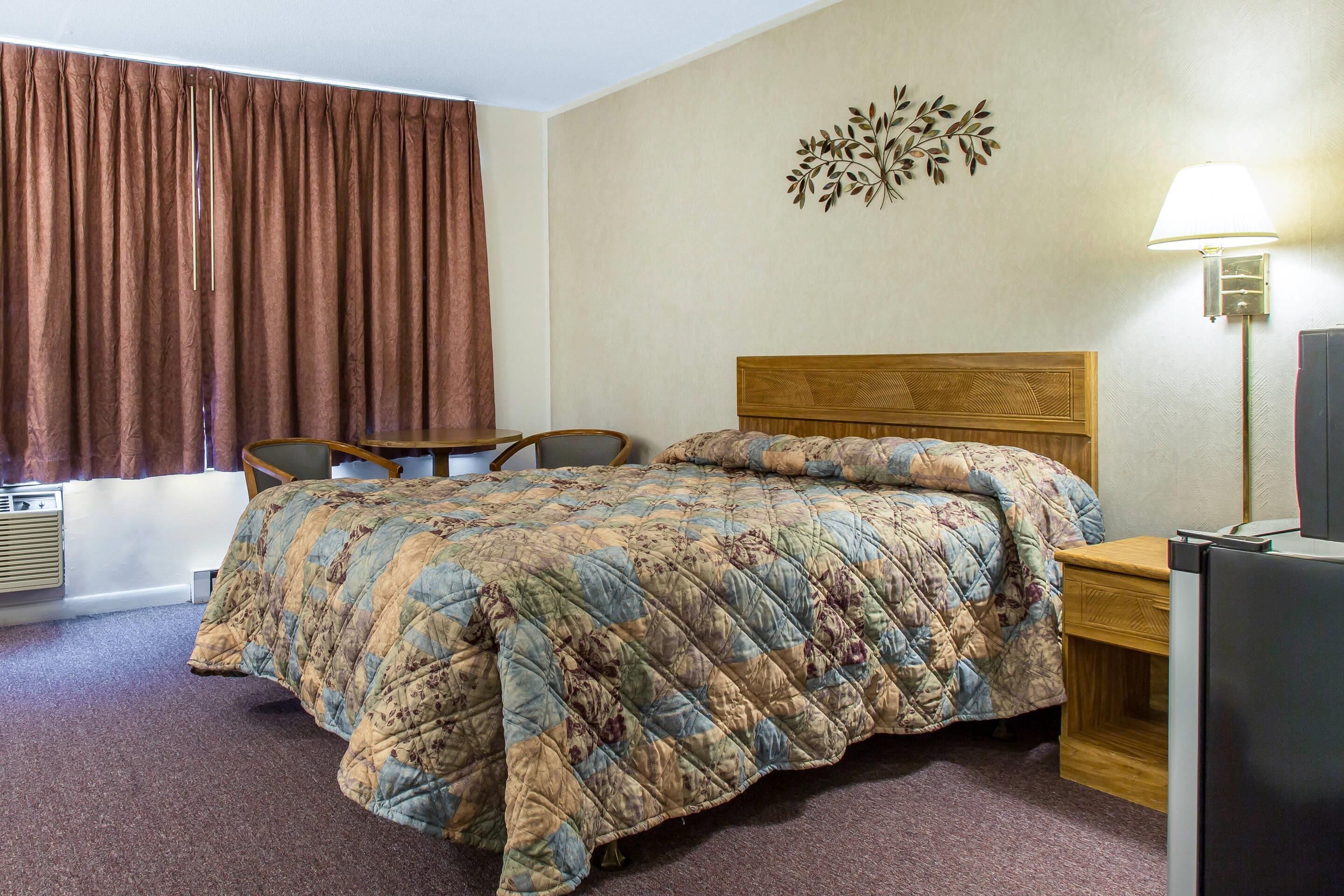 Una camera d'albergo con un letto, una scrivania, una sedia, una lampada e un elemento decorativo a parete.