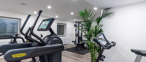 Un gimnasio con cintas de correr, una máquina de pesas y una planta grande en maceta.