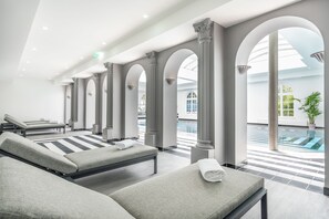 Indoor pool, open 7:00 AM to 10:00 PM, sun loungers