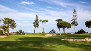 A golf course with sand bunkers, a flag, and trees.