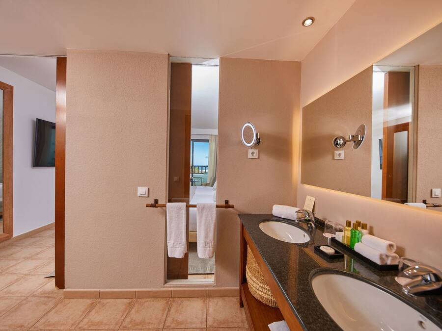 Un baño de hotel con un espejo grande, dos lavamanos y un perchero para toallas.