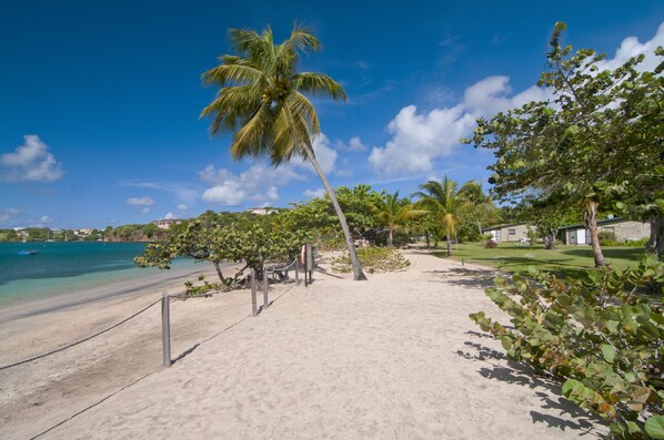 Plage, sable blanc, chaises longues, parasols