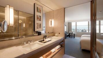 Separate tub and shower, deep soaking tub, hair dryer, bathrobes