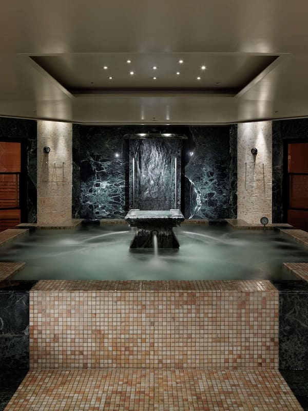 Relax in a serene spa area with a central water feature and sleek, contemporary design.