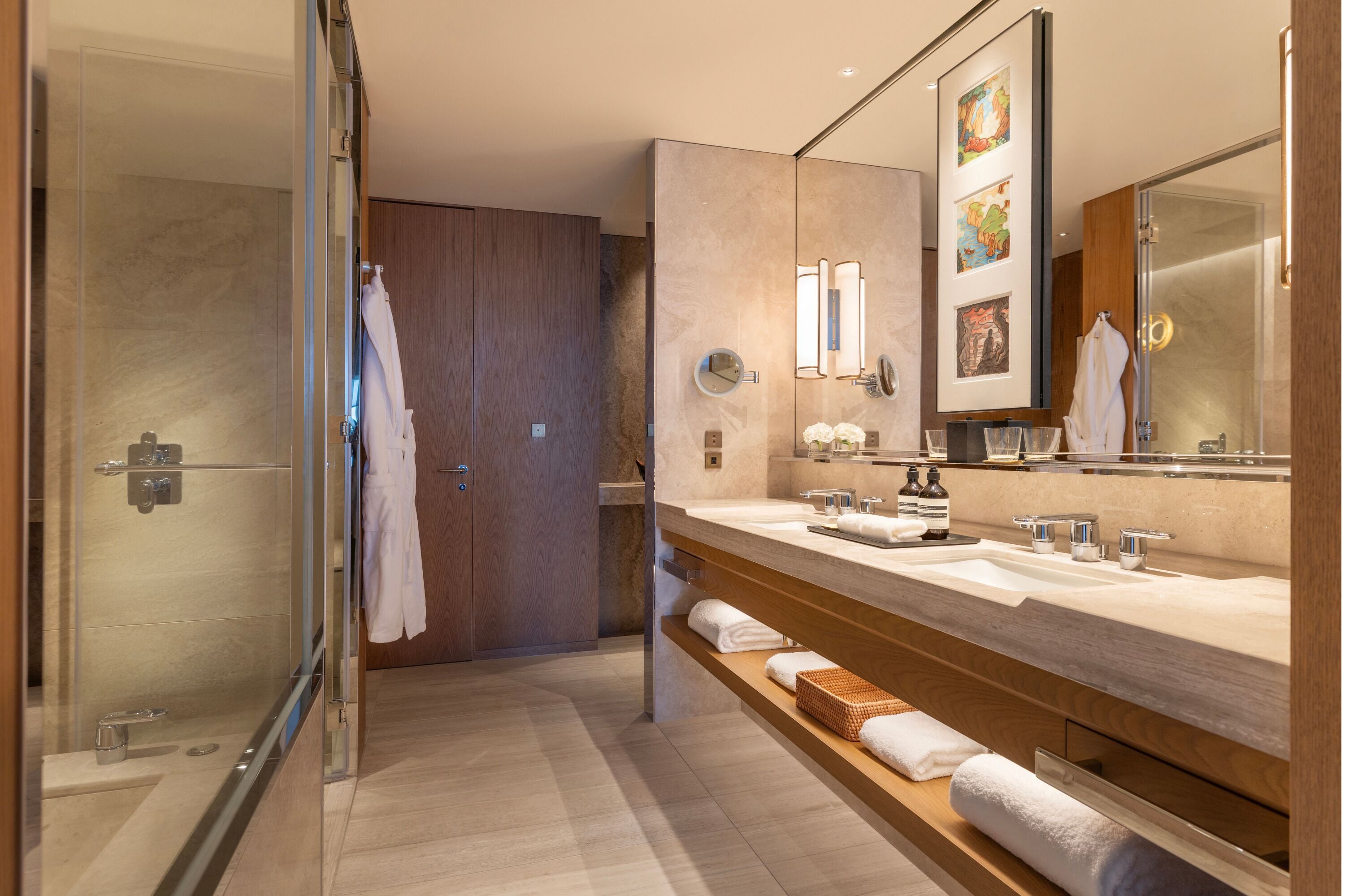 separate bathtub and shower, deep-soaking bathtub, hair dryer, bathrobes