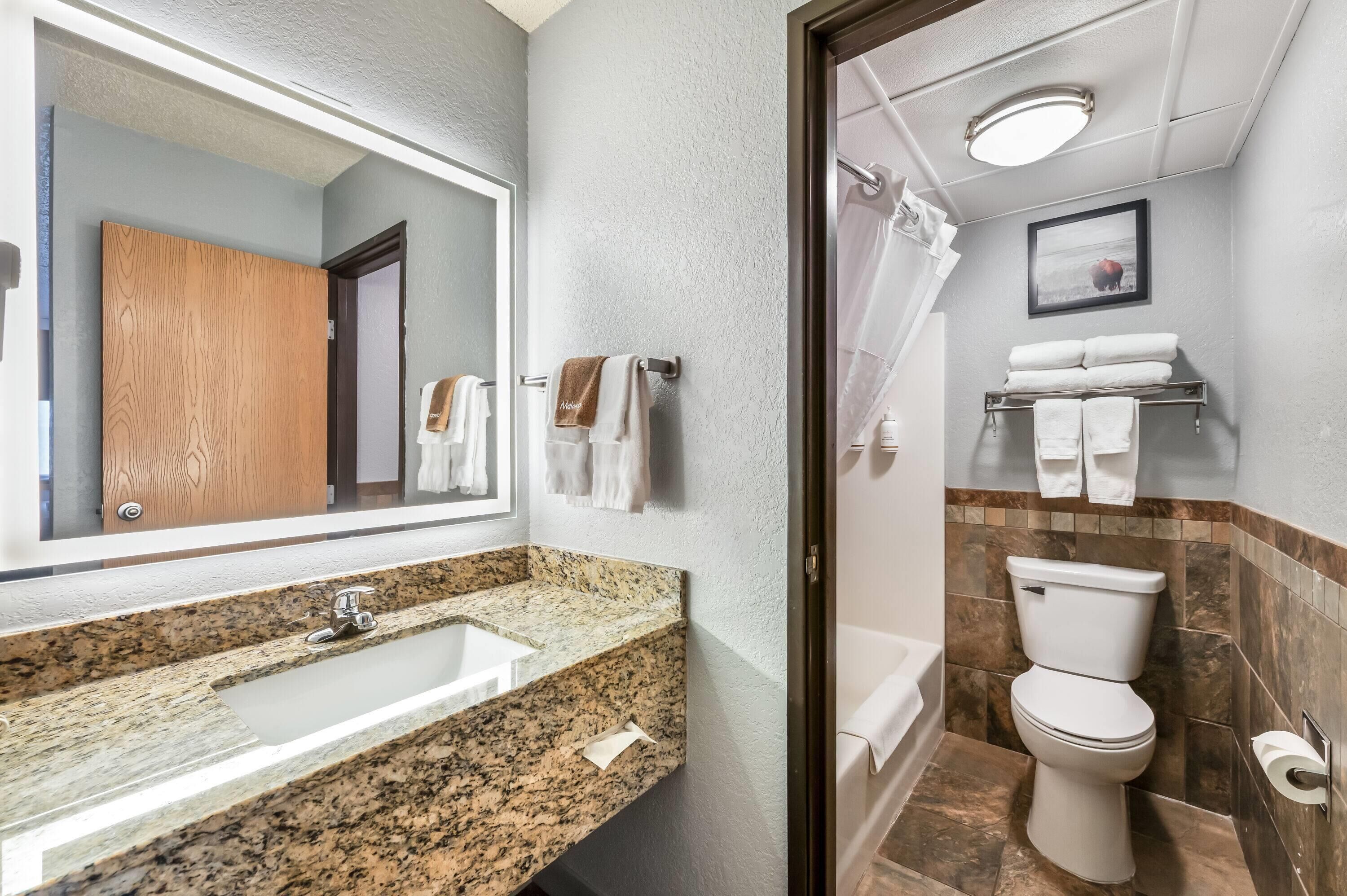Baño con lavamanos de encimera de granito, espejo, inodoro y zona de ducha.