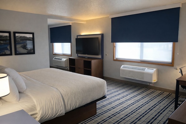 A hotel room with a bed, a TV, a heater, and a window with blinds.