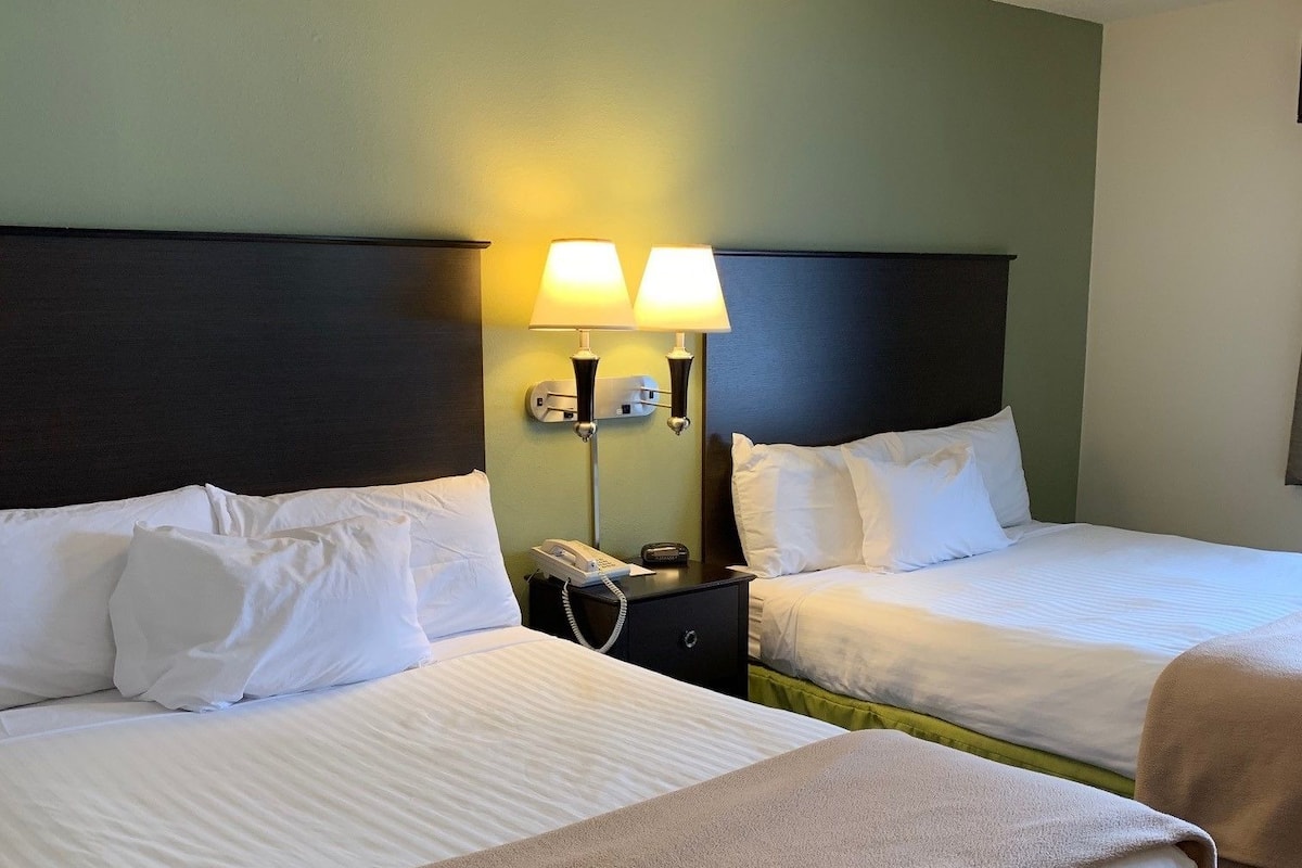 Quarto de hotel com duas camas, cada uma com roupa de cama branca e um cobertor bege. Há duas luminárias fixadas na cabeceira e um telefone na mesa de cabeceira.