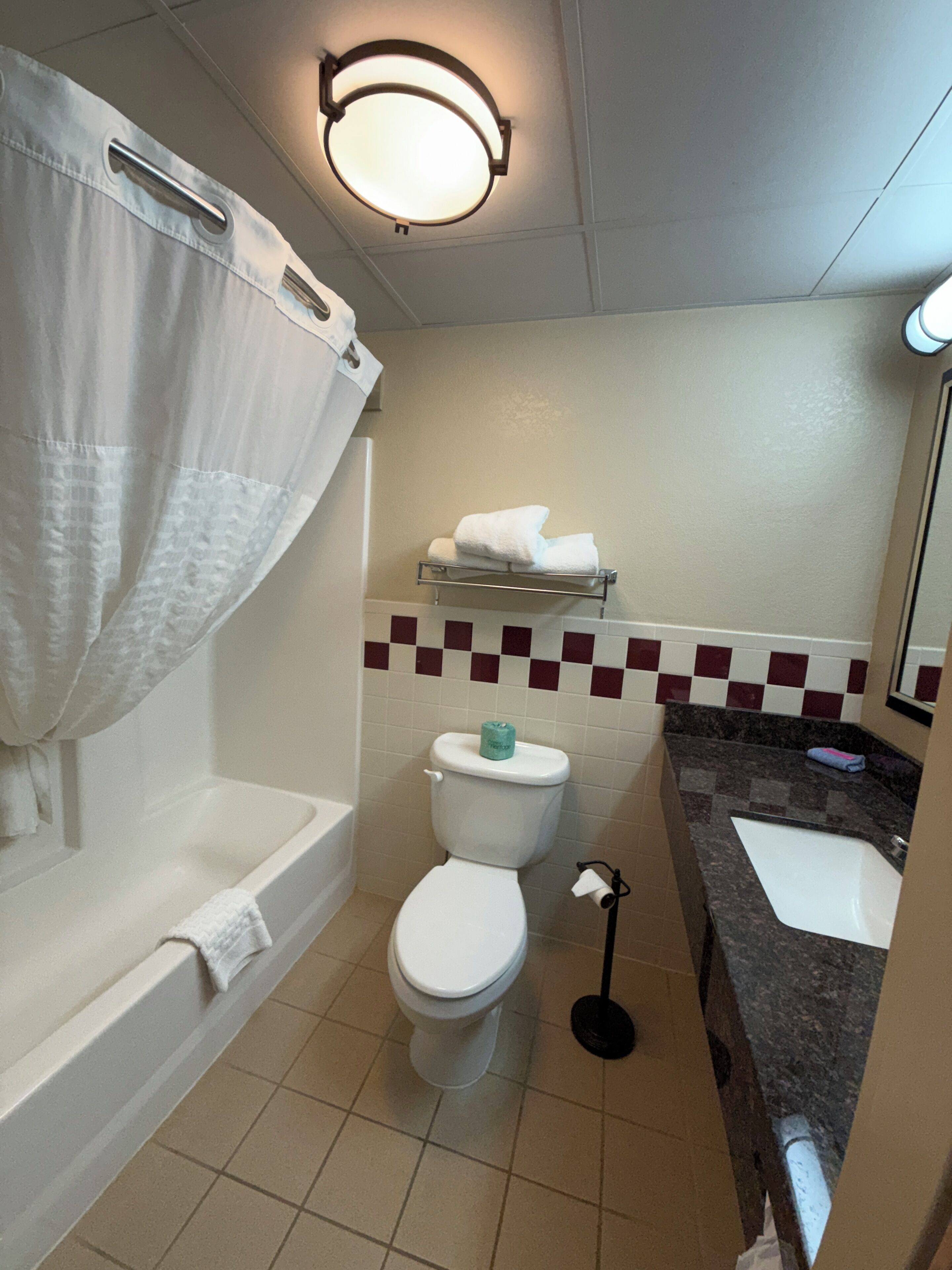 Een badkamer met een bad, toilet, wastafel en een handdoekrek.
