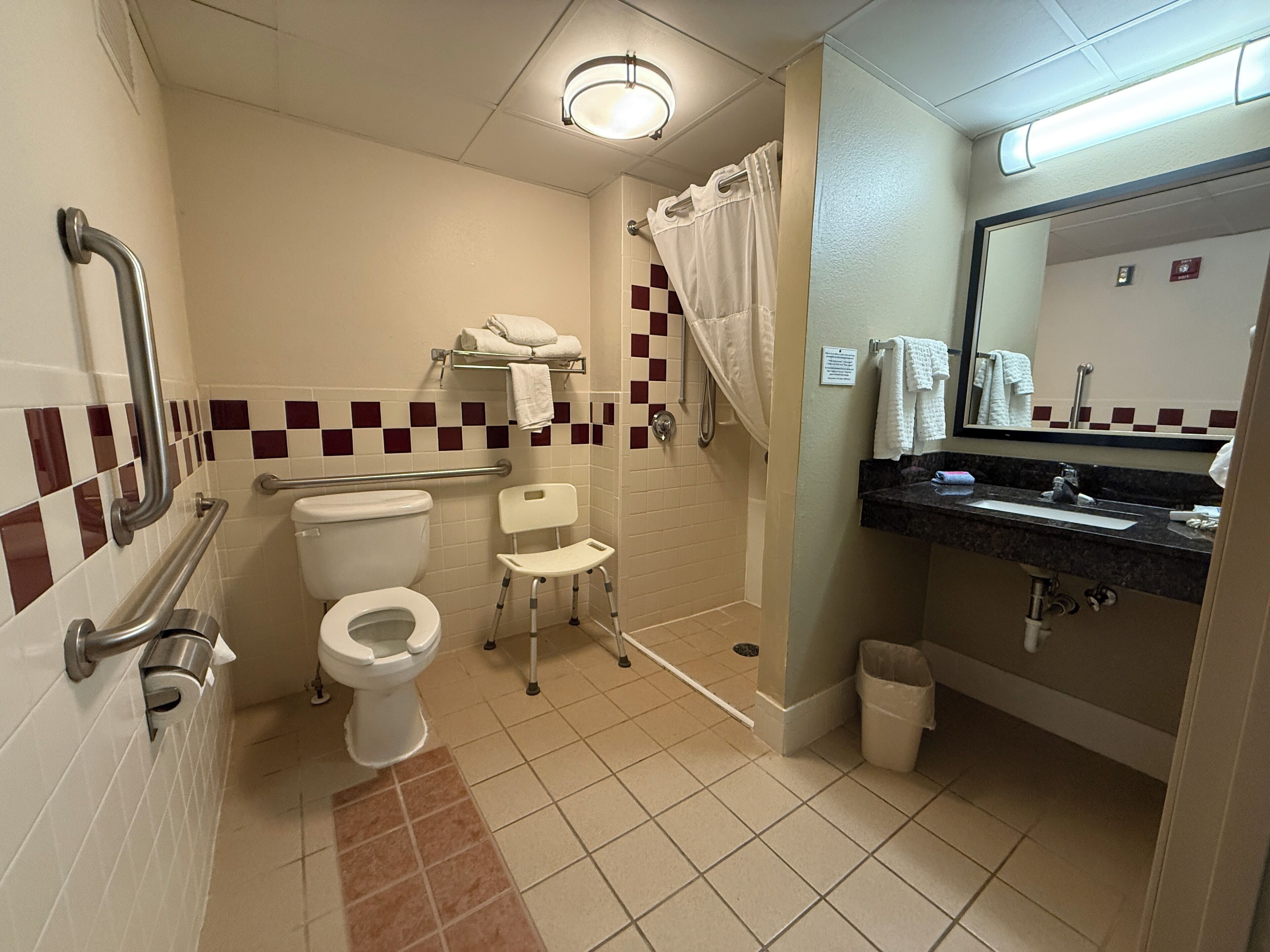 A bathroom with a toilet, a shower with a grab bar, a chair, a sink, and a mirror.