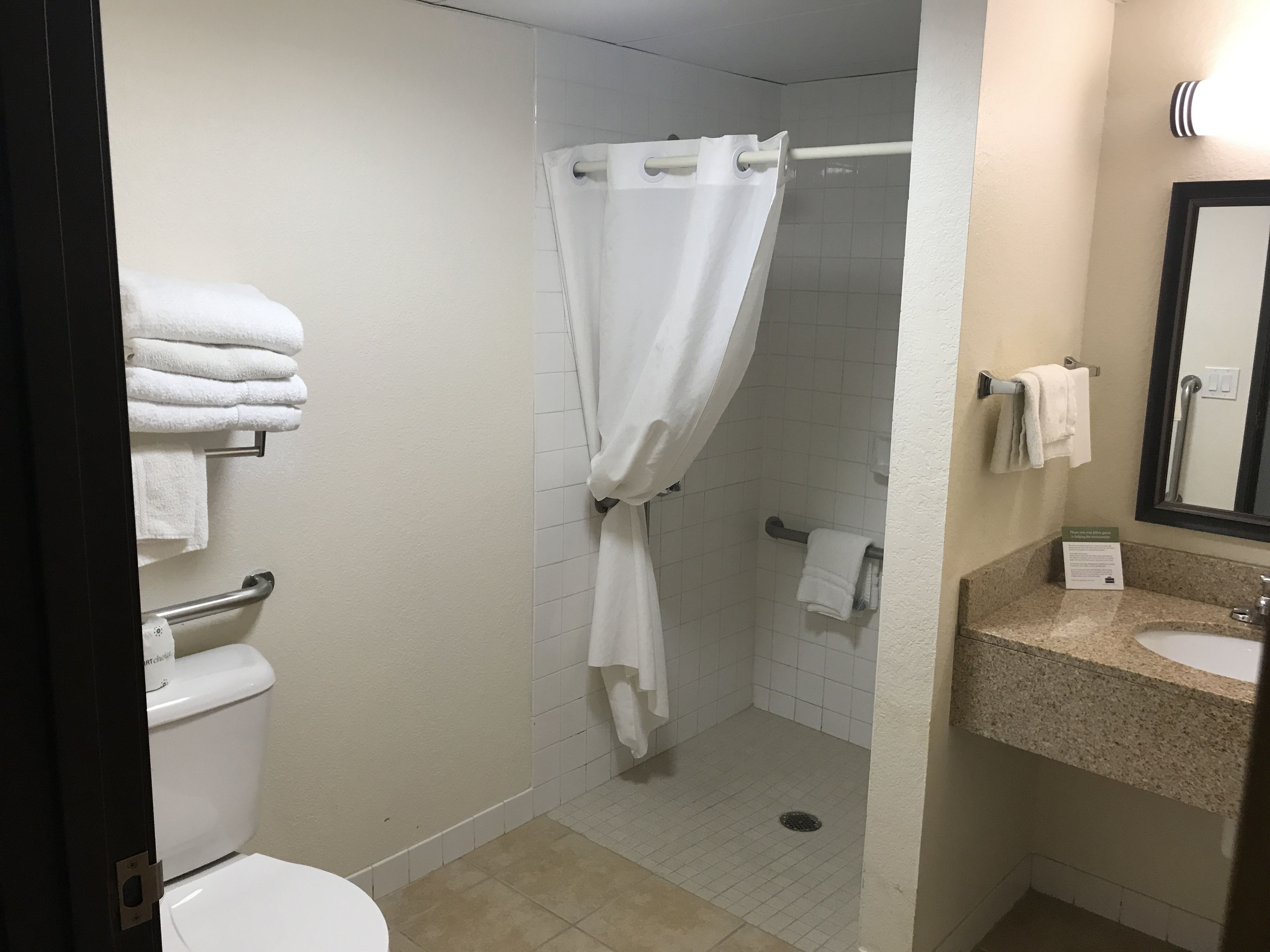 A bathroom with a toilet, a shower with a curtain, a sink with a mirror, and towels on a rack.