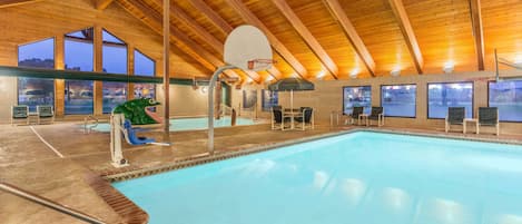 3 indoor pools, open 8:00 AM to 10:00 PM, pool loungers