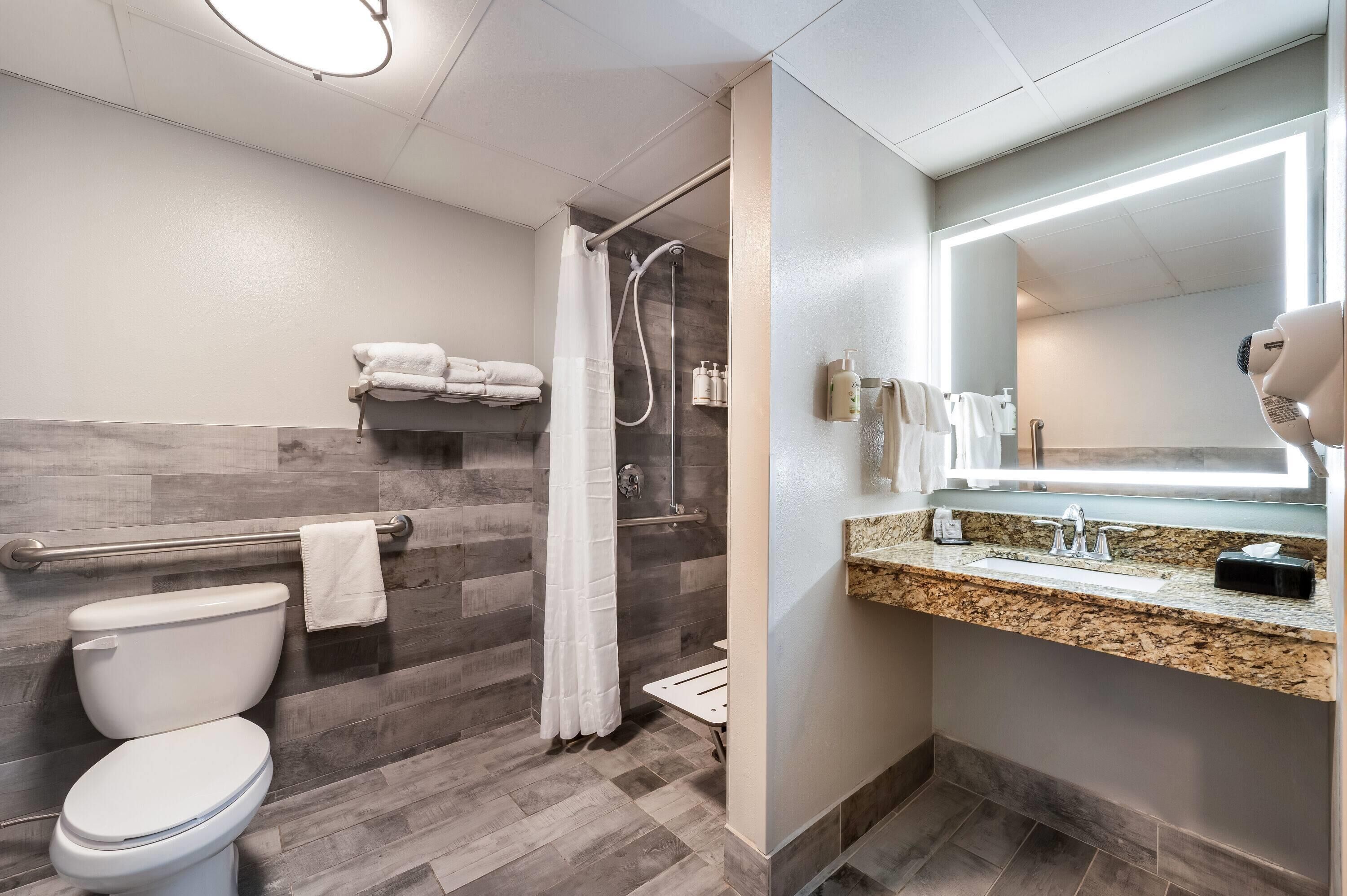 Un bagno moderno con doccia, toilette e lavabo con specchio.