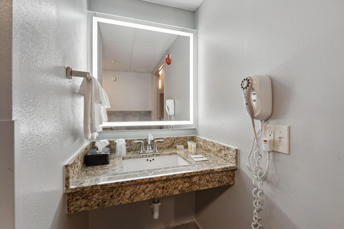 combined shower/bathtub, free toiletries, hair dryer, towels