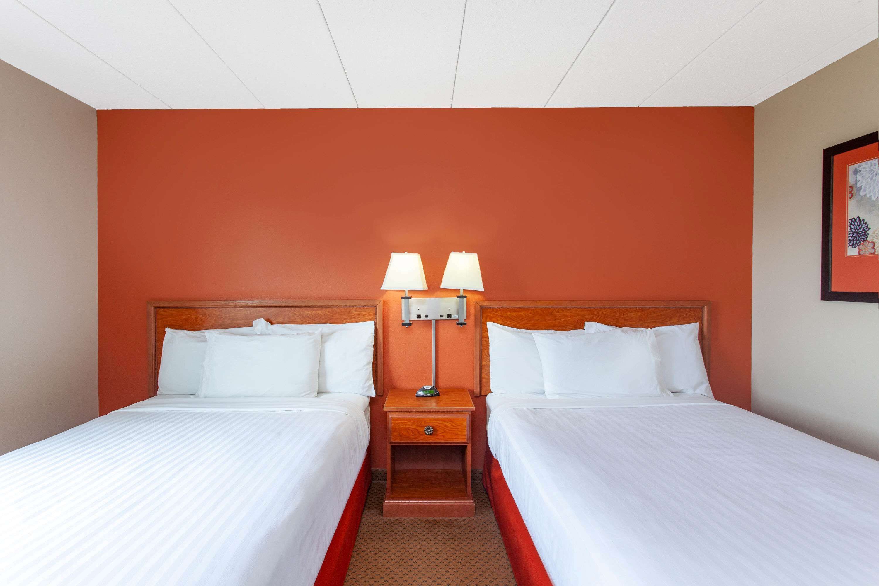 Une chambre d’hôtel avec deux lits, une table de chevet avec des lampes et une tête de lit en bois.