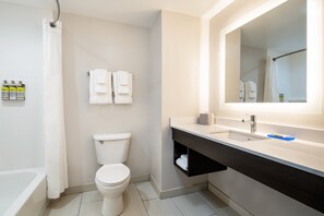 A modern bathroom with a toilet, a bathtub, a sink, and a mirror.