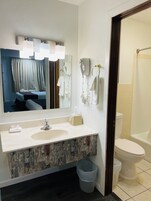 Un baño de hotel con un espejo grande, un lavamanos, un inodoro y una ducha.