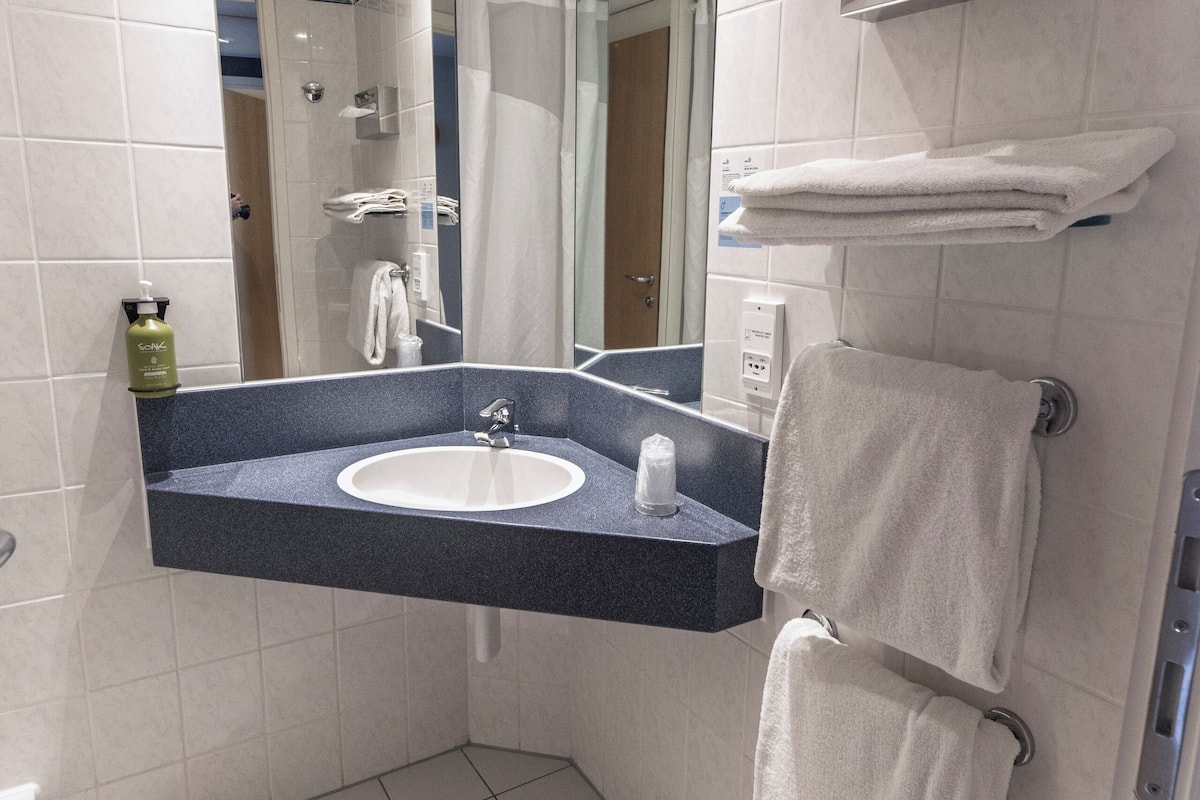 shower, free toiletries, hair dryer, towels