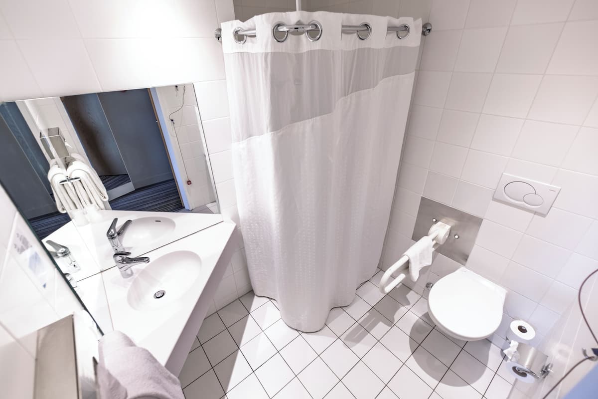 standard room, 1 double bed, accessible | bathroom | shower, free toiletries, hair dryer, towels