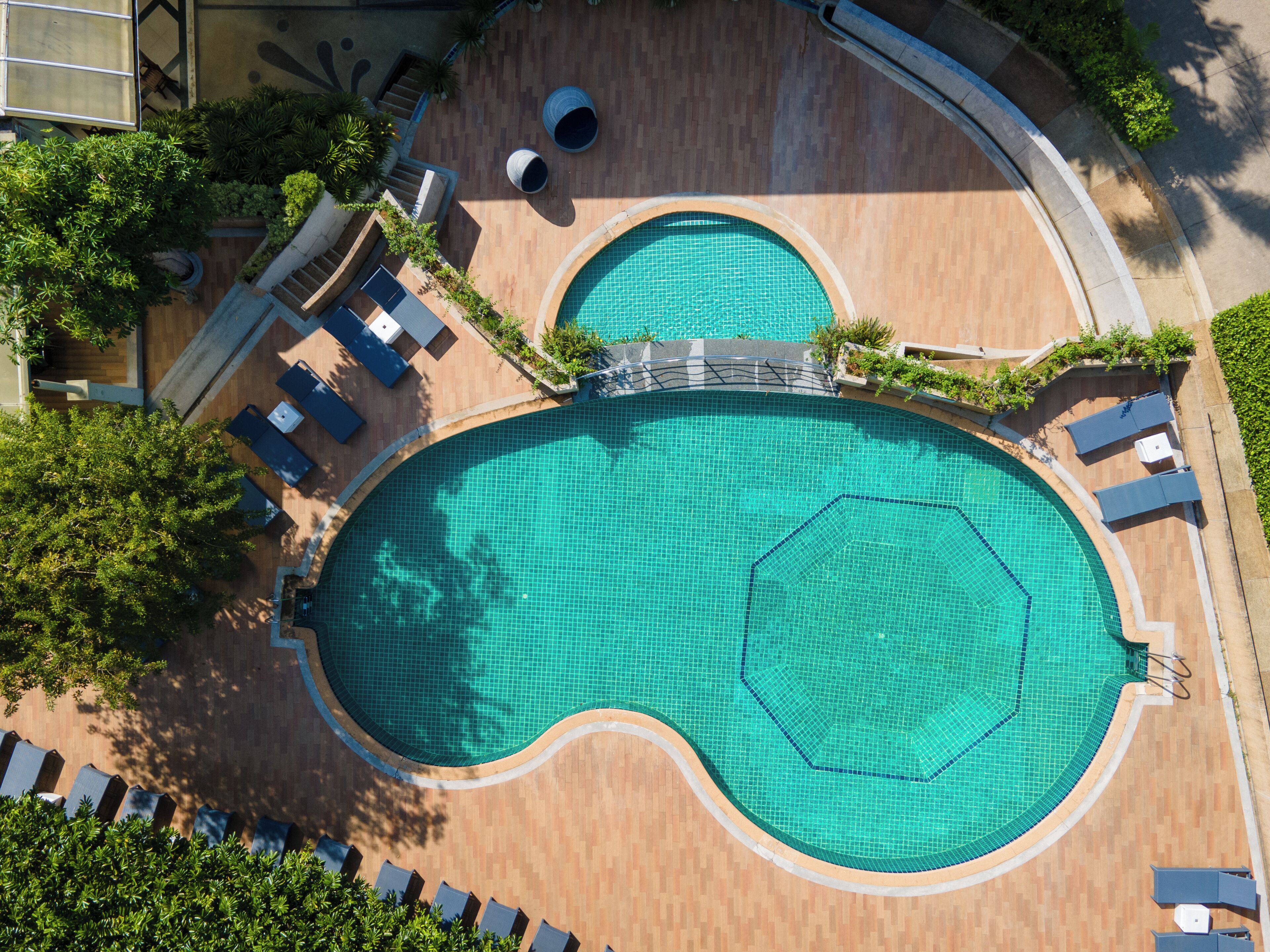 Outdoor pool, pool umbrellas, pool loungers