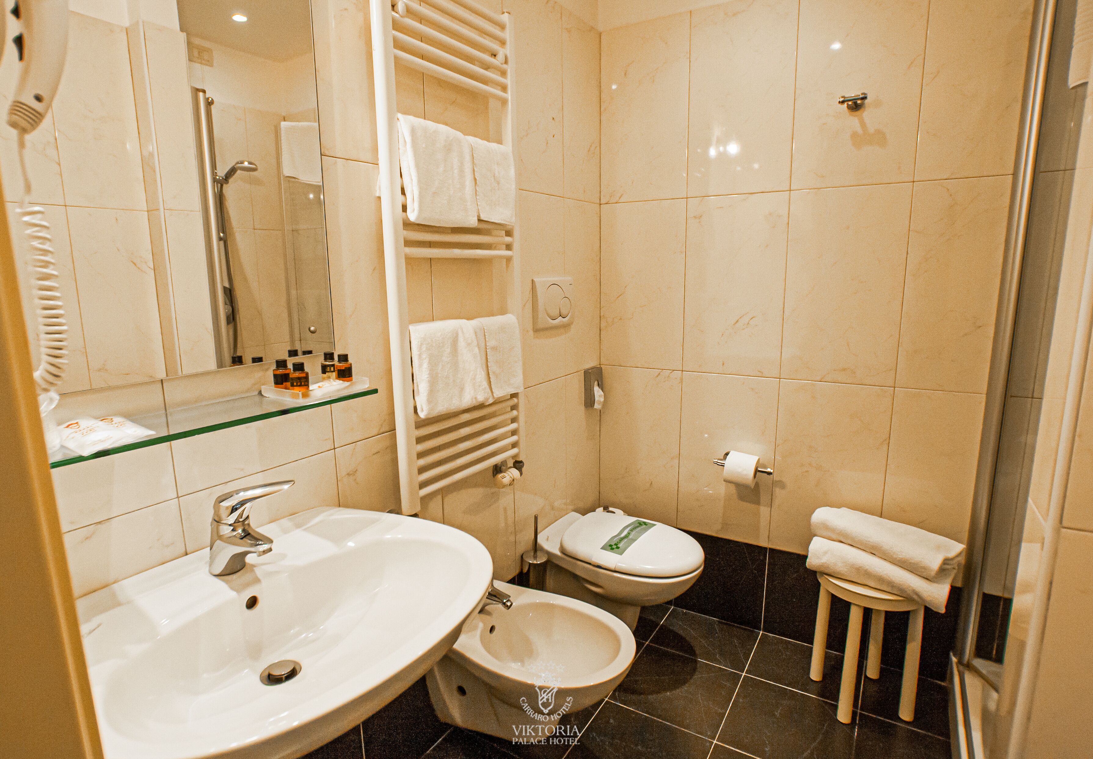 rainfall showerhead, hair dryer, bidet, towels