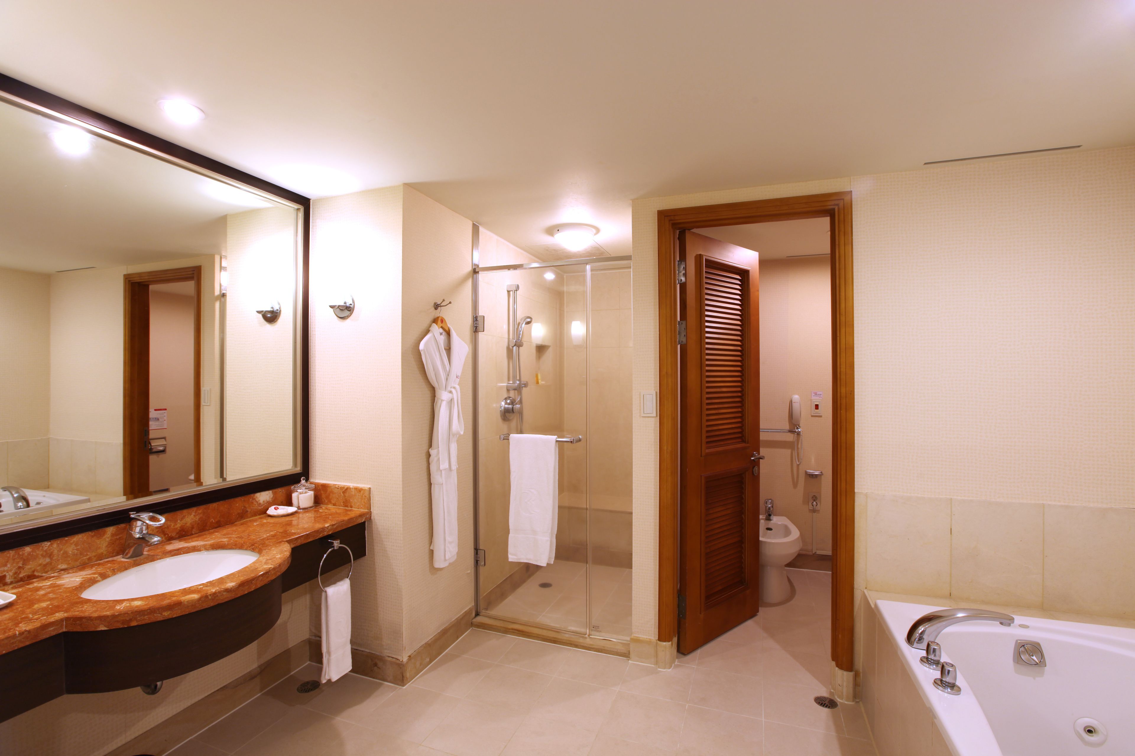 separate bathtub and shower, deep-soaking bathtub, hair dryer