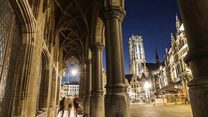 L’intérieur d’une cathédrale, avec de hauts plafonds en voûte et de grandes colonnes en pierre.