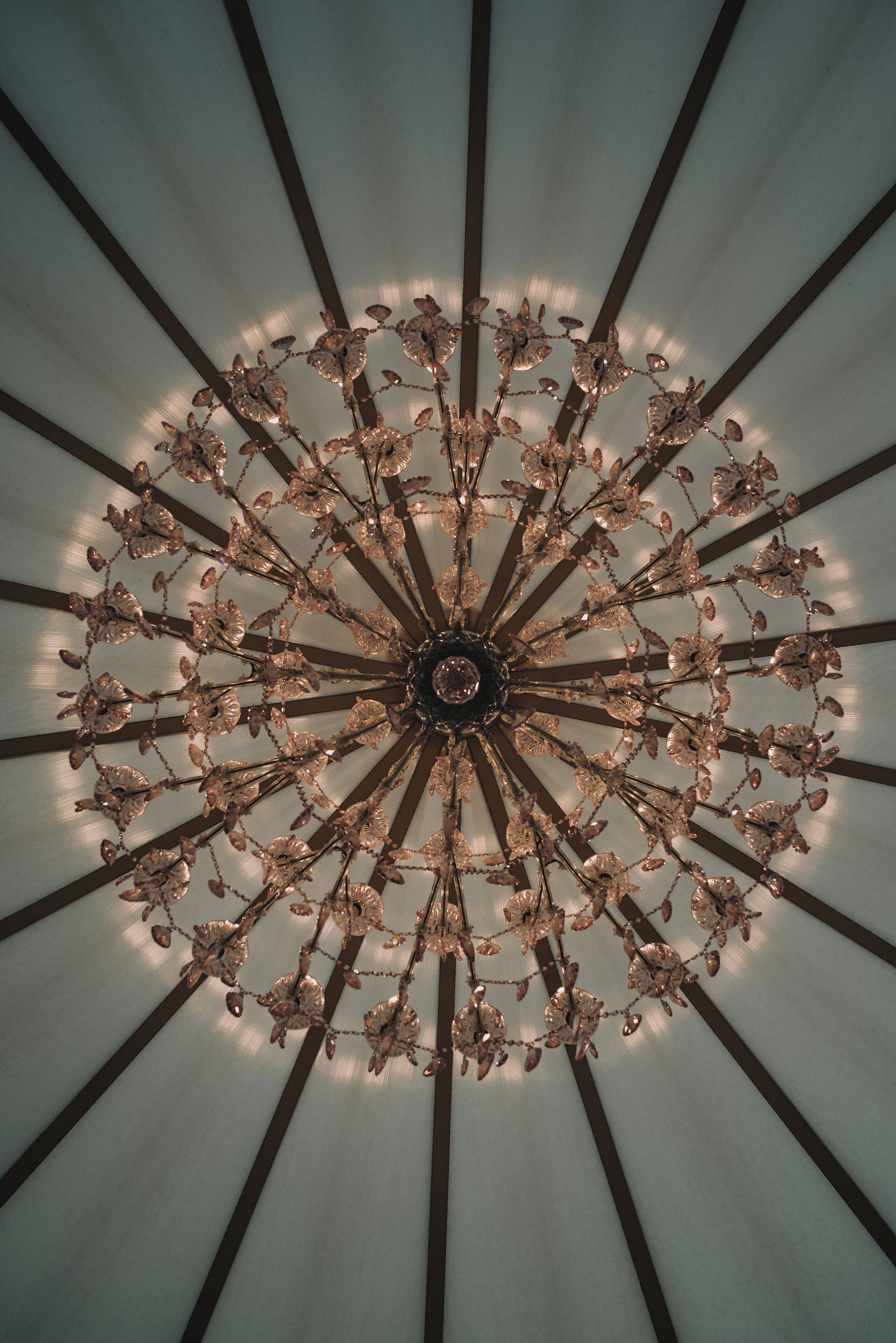 Un candelabro de diseño radial, suspendido de un techo con estructura nervada.