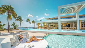 3 outdoor pools, open 8:00 AM to 8:00 PM, pool umbrellas, sun loungers