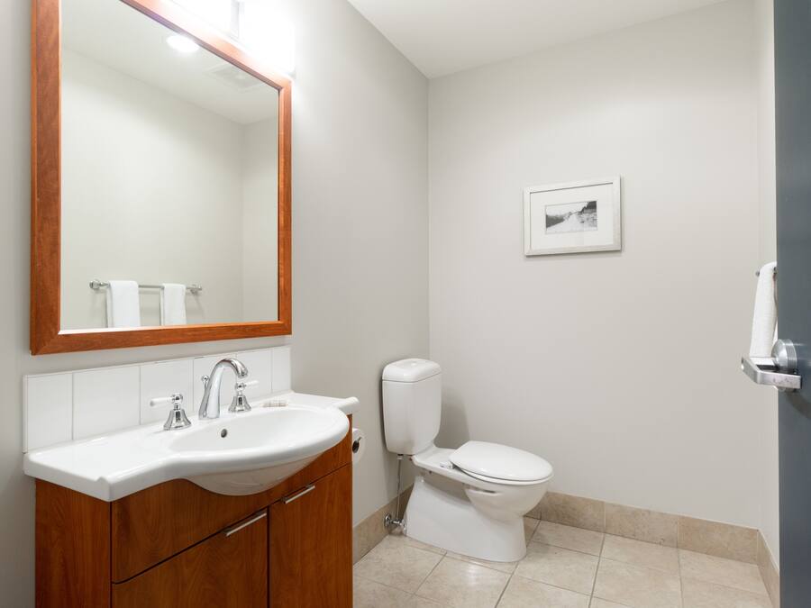 A bathroom with a wooden vanity, a white sink, a mirror, a toilet, and a framed picture on the wall.