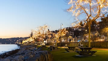 Un parque frente al agua al atardecer, con mesas de picnic y árboles decorados con luces.