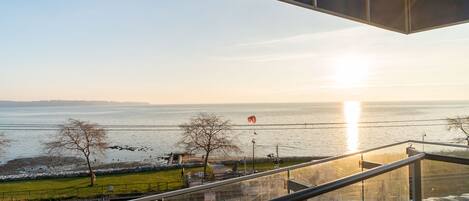 A view from a balcony overlooking a body of water with a sunset, a kite, and a parking area.