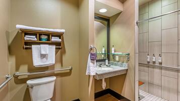 Une salle de bain comprenant des toilettes, un lavabo avec une étagère en verre au-dessus, et un espace douche.