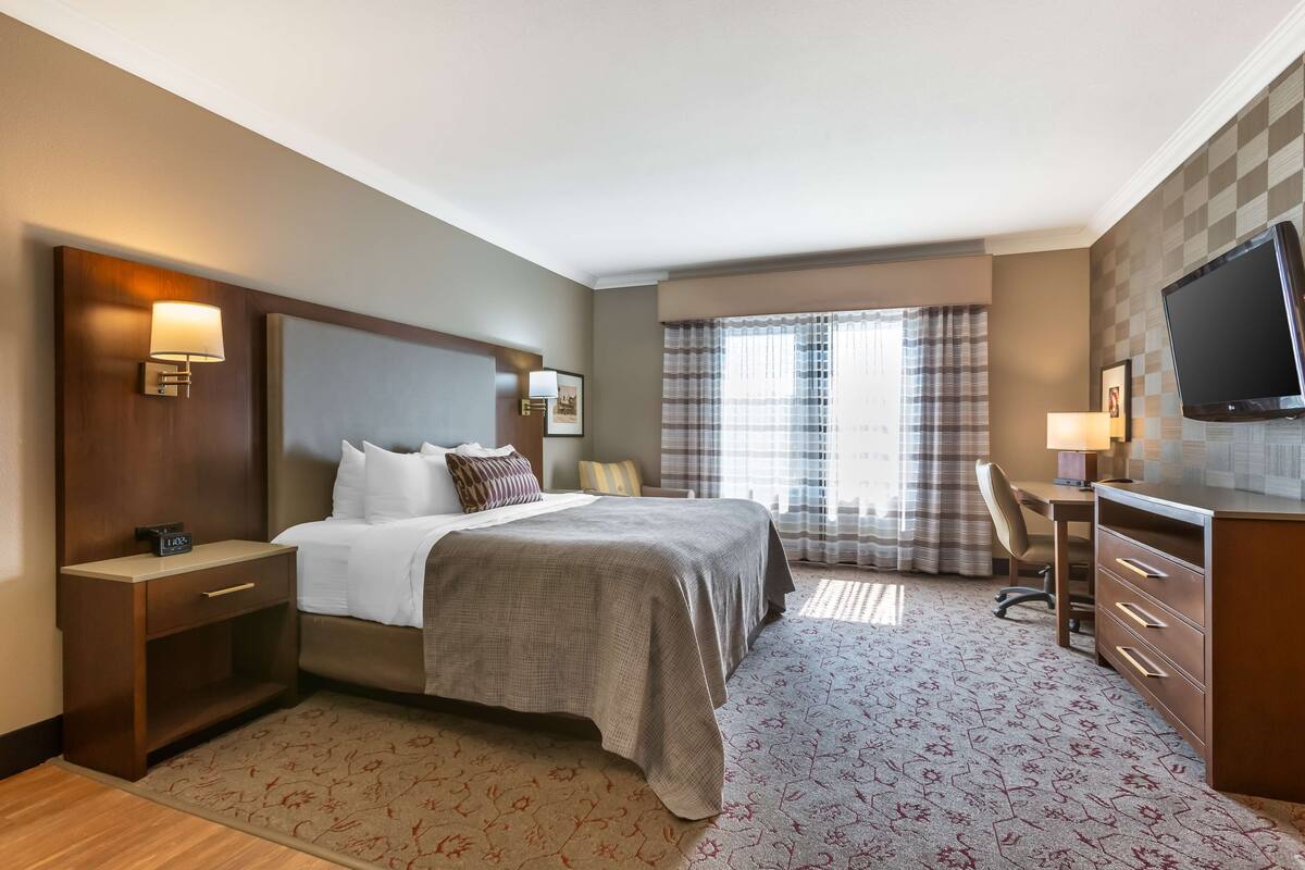 Een hotelkamer met een groot bed, nachtkastjes, een bureau, een stoel, een televisie en gordijnen.