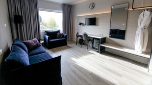 A modern hotel room with a sofa, a desk, a chair, a large mirror, and a robe hanging on a rack.