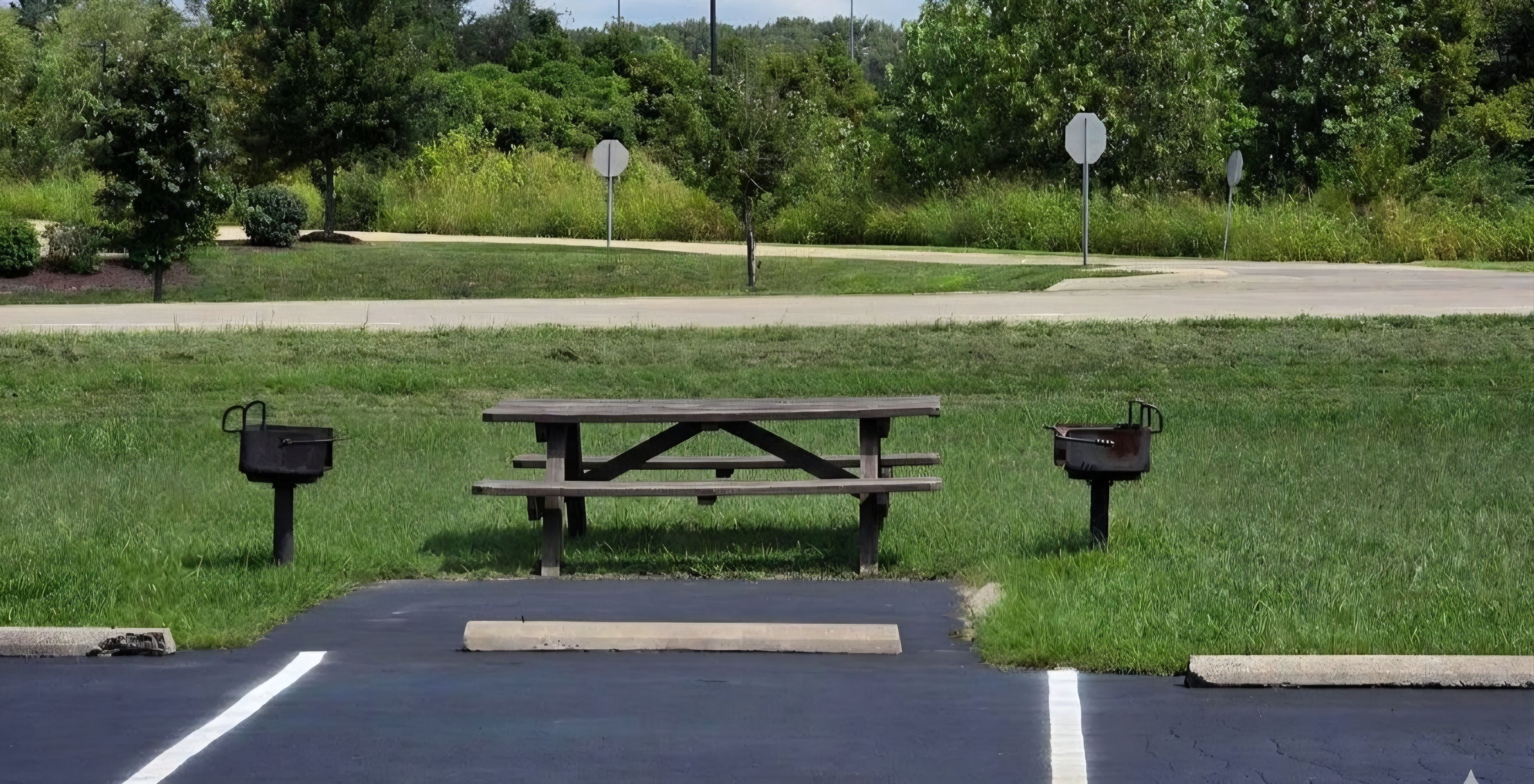 Een picknickplaats met een tafel en banken, omgeven door gras en bomen.