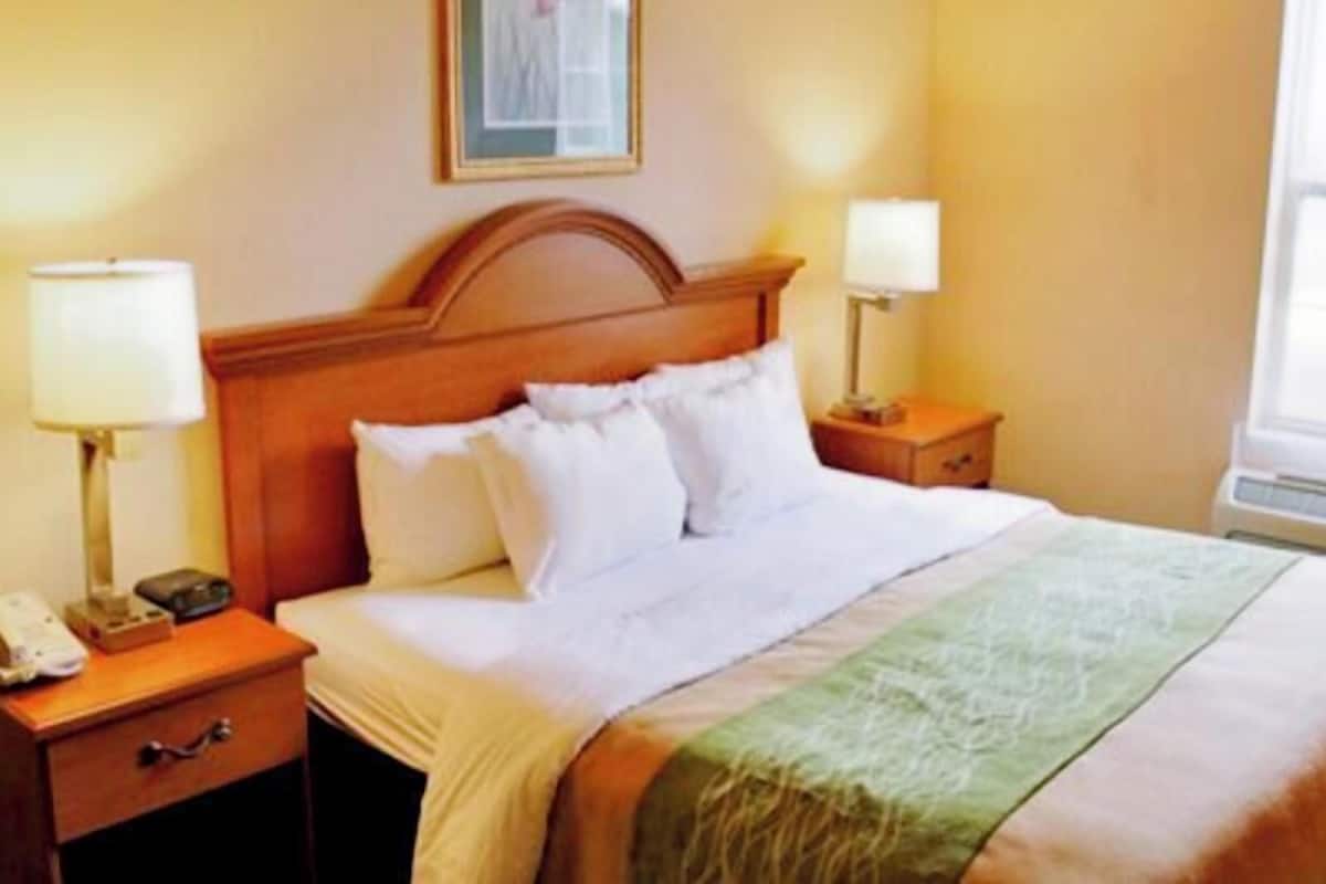 Hypo-allergenic bedding, desk, laptop workspace, blackout drapes