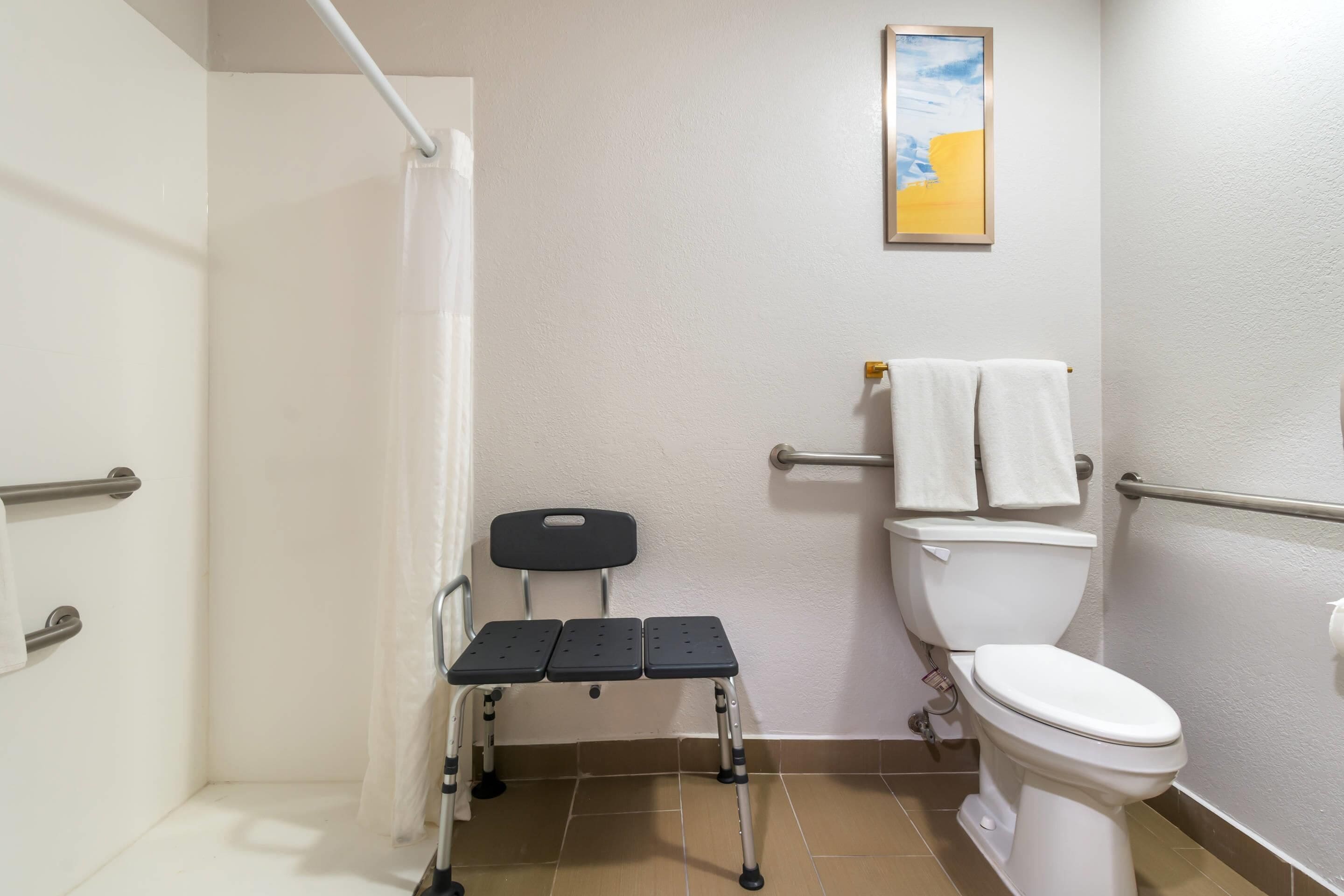 A bathroom with a shower, a toilet, a wheelchair-accessible bench, and a towel rack.