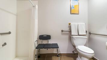 A bathroom with a shower, a toilet, a wheelchair-accessible bench, and a towel rack.