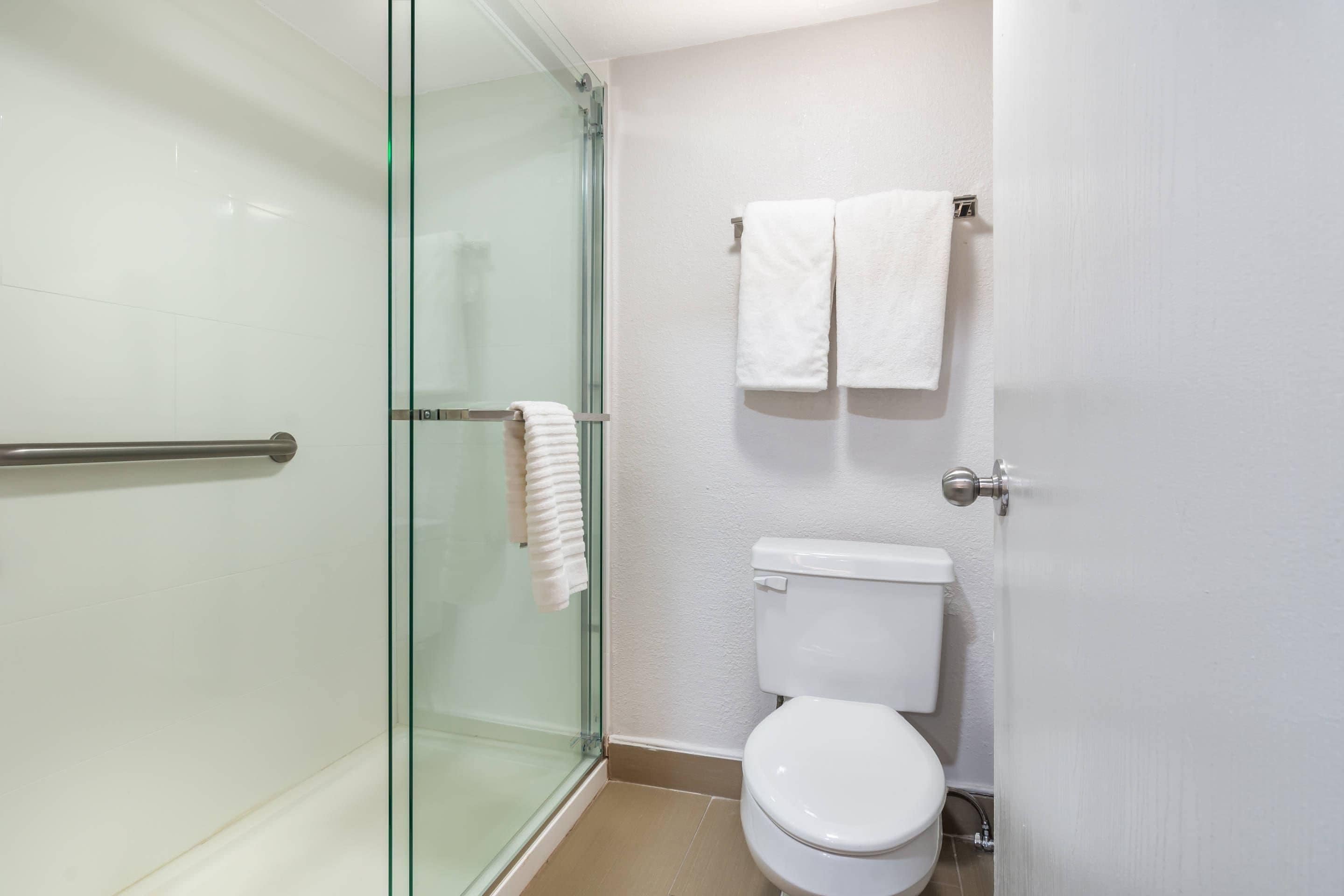 A bathroom with a glass shower enclosure, a white toilet, and two towels hanging on a rack.