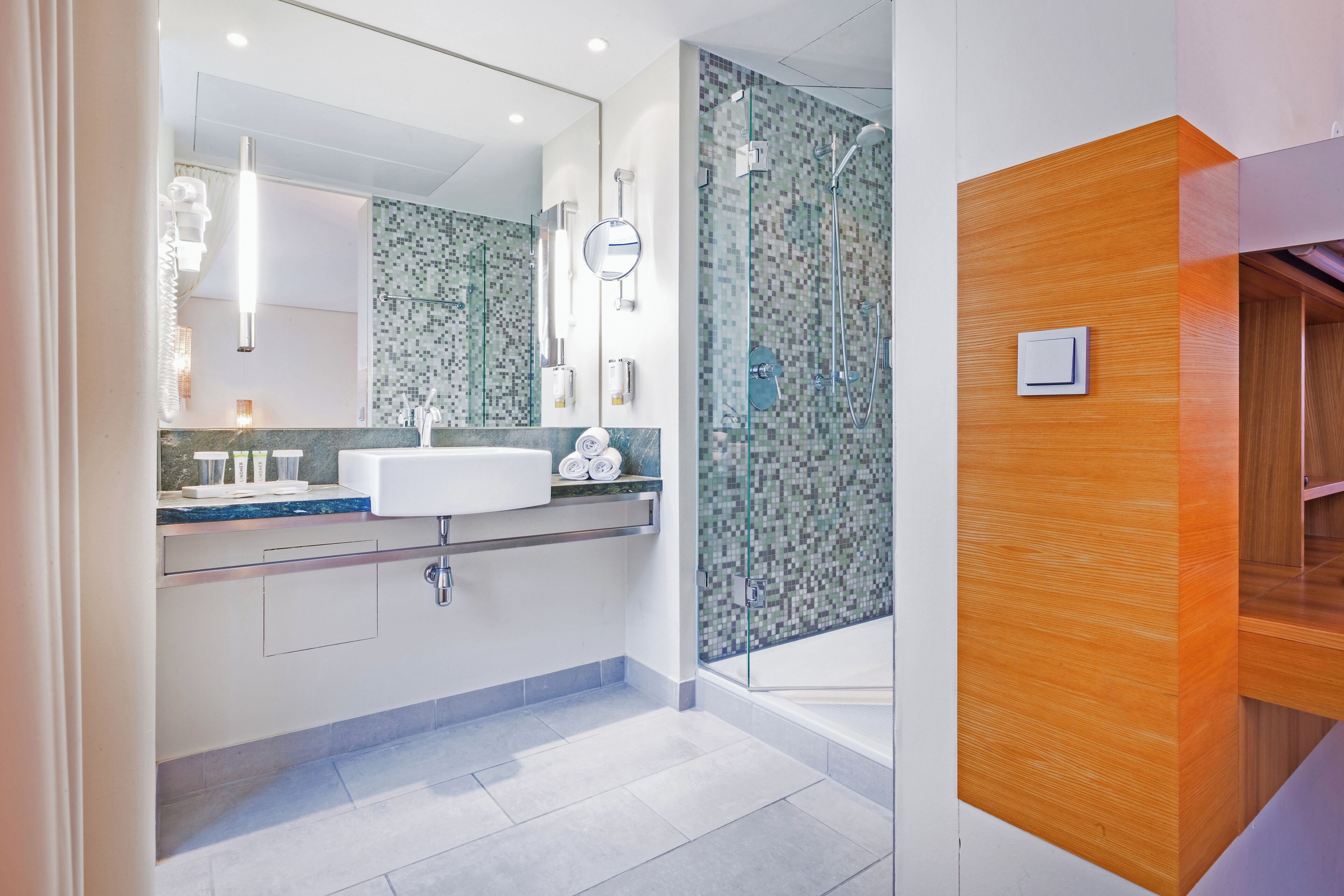 shower, eco-friendly toiletries, hair dryer, towels