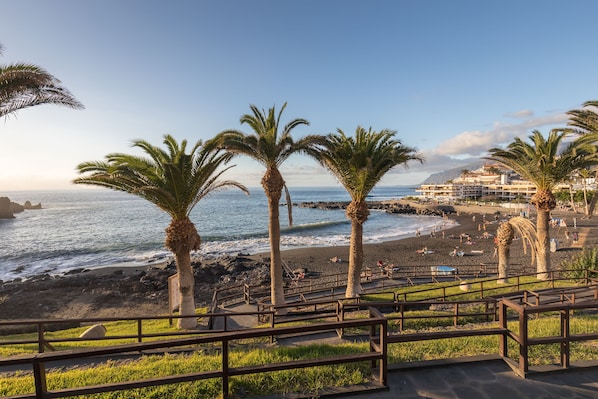 A beach with palm trees, a rocky shoreline, and a building complex in the background. - Servatur Isora Suites (Guia de Isora)