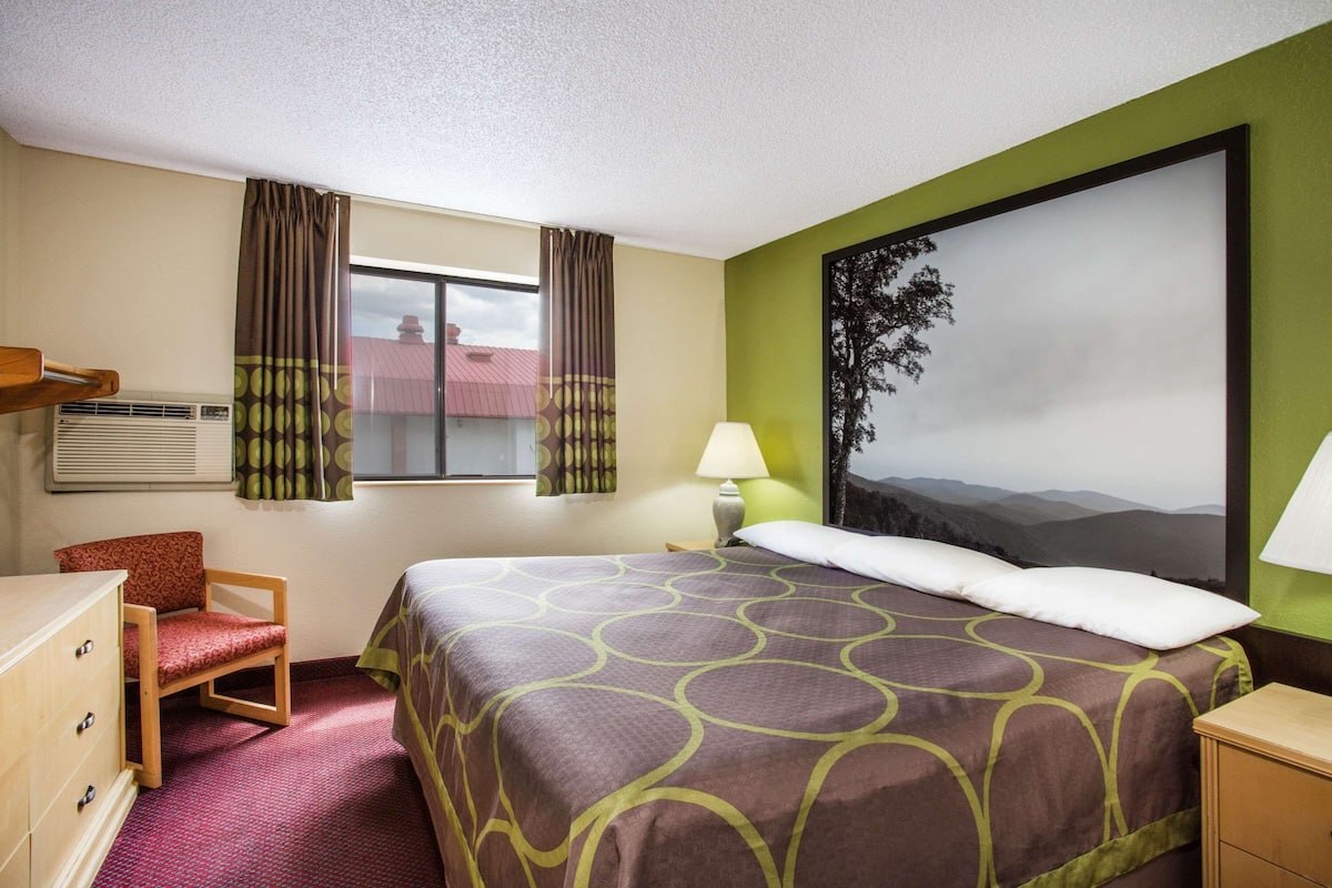 Une chambre d’hôtel comprenant un lit, une chaise, une commode, une fenêtre avec des rideaux, un climatiseur fixé au mur, une lampe et un tableau représentant un paysage de montagne.