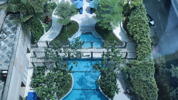 An aerial view of a swimming pool area with surrounding greenery, a covered seating area, and a pathway leading to the pool.